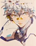  1boy bandaid bandaid_on_face bandaid_on_nose bangs blue_eyes check_copyright closed_mouth copyright_request grey_hair hair_between_eyes lips looking_afar male_focus muyihui original portrait short_hair sideways_glance simple_background solo turtleneck 