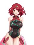  1girl bangs black_swimsuit breasts chest_jewel competition_swimsuit covered_collarbone covered_navel fgsketch gem headpiece highres large_breasts one-piece_swimsuit pyra_(pro_swimmer)_(xenoblade) pyra_(xenoblade) red_eyes red_hair red_swimsuit ribbed_swimsuit short_hair simple_background solo strapless strapless_swimsuit striped striped_swimsuit swept_bangs swimsuit tiara two-tone_swimsuit vertical-striped_swimsuit vertical_stripes white_background xenoblade_chronicles_(series) xenoblade_chronicles_2 