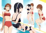  2girls :o barefoot bikini bikini_shorts black_bikini black_hair breasts brown_eyes brown_hair closed_mouth commentary full_body hair_ribbon hibike!_euphonium highres kamo_kamen kousaka_reina legs long_hair lying medium_breasts multiple_girls multiple_views navel on_side oumae_kumiko parted_lips ponytail purple_eyes red_bikini ribbon short_hair short_twintails shorts sitting small_breasts stomach swimsuit tankini thighs twintails white_ribbon 