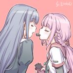  2girls artist_name bangs black_dress blue_hair blunt_bangs blush braid candy chocolate chocolate_bar dress food food_in_mouth holding holding_chocolate holding_food kamihama_university_affiliated_school_uniform long_hair magia_record:_mahou_shoujo_madoka_magica_gaiden mahou_shoujo_madoka_magica mouth_hold multiple_girls nanami_yachiyo open_mouth pink_hair red_background school_uniform sidelocks studiozombie tamaki_iroha yuri 