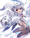  1girl :d breasts brown_eyes clenched_hand desktop_army frea_nabbit_(desktop_army) gloves grey_hair highres mecha_musume mechanical_legs medium_breasts open_mouth robot science_fiction short_hair smile solo white_background white_gloves yoyoyoyoyo_(turuse) 
