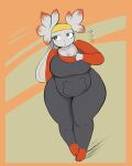  absurd_res animal_humanoid anthro belly big_breasts bodily_fluids breasts chelle_(plantedpot) clothed clothing female frown grey_eyes hi_res huge_thighs humanoid lagomorph lagomorph_humanoid looking_away mammal mammal_humanoid nintendo plantedpot pok&eacute;mon pok&eacute;mon_(species) pseudo_clothing raboot short_stack simple_background slightly_chubby solo sweat sweatdrop thick_thighs video_games wide_hips 