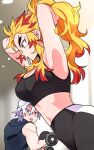  1boy 1girl armpits arms_behind_head arms_up black_pants black_sports_bra blonde_hair blurry blurry_background breasts contemporary crop_top dumbbell earrings forked_eyebrows genderswap genderswap_(mtf) gym hair_tie_in_mouth hood hood_down hoodie jewelry kimetsu_no_yaiba long_hair looking_at_another looking_away looking_to_the_side midriff mouth_hold open_mouth pants ponytail profile red_eyes red_hair rengoku_kyoujurou sidelocks sleeveless sports_bra sportswear surprised tight tight_pants toned toned_male tying_hair ungungzza upper_body uzui_tengen weightlifting white_hair yoga_pants 