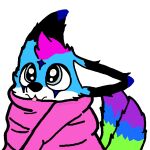  anthro bedding blanket blep blue_body blue_fur blue_markings bright_colors bright_eyes canid canine clothing cuddling cute_eyes emoji emote emoticon female fox fur fur_markings hair looking_aside luni_malynn mammal markings multicolored_body multicolored_fur multicolored_tail pink_blanket pink_clothing pink_hair rainbow_body rainbow_fur rainbow_tail short short_stack silver_eyes size_difference smaller_female solo sparkling_eyes tongue tongue_out 