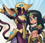  1boy 1girl armor azir bangs bird_mask black_hair blue_sclera breasts colored_sclera cowboy_shot egyptian gold_armor green_eyes hand_up helmet league_of_legends long_hair mask medium_breasts navel parted_lips phantom_ix_row shiny shiny_hair shoulder_armor sivir stomach sweatdrop teeth 