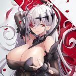  1girl arm_up armpits azur_lane between_breasts breast_grab breasts cleavage collar cuffs detached_sleeves earrings emden_(azur_lane) flower_eyepatch grabbing hair_ornament jewelry large_breasts lock looking_at_viewer red_eyes seductive_smile smile solo torn_clothes upper_body whip white_hair yusha_m 