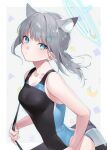  1girl animal_ear_fluff animal_ears bag bangs bare_arms blue_archive breasts collarbone competition_swimsuit crescent cross_hair_ornament duffel_bag earrings extra_ears from_side grey_hair hair_ornament halo head_tilt heart jewelry light_blush medium_hair mismatched_pupils natsumachisan one-piece_swimsuit ponytail shiroko_(blue_archive) shiroko_(swimsuit)_(blue_archive) shoulder_bag small_breasts solo star_(symbol) swimsuit twitter_username two-tone_swimsuit wolf_ears 