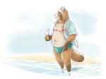  2020 animal_crossing anthro beach belly beverage brown_body bulge canid canine clothed clothing eclipsewolf humanoid_hands male mammal moobs nintendo nipples open_clothing open_shirt open_topwear overweight overweight_male raccoon_dog seaside shirt solo swimwear tanuki tom_nook_(animal_crossing) topwear video_games water 