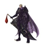  1boy armor black_armor blonde_hair blue_eyes cape clawed_gauntlets crazy02oekaki final_fantasy full_body greatsword highres huge_weapon jack_garland looking_at_viewer purple_cape scar scar_on_face short_hair shoulder_spikes simple_background solo spikes standing stranger_of_paradise:_final_fantasy_origin sword very_short_hair weapon 