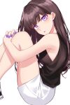  1girl absurdres bangs black_hair commentary from_side highres hugging_own_legs ichiki_1 long_hair looking_at_viewer nail_polish original purple_eyes shorts sitting sleeveless solo white_background 