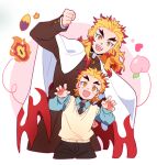  2boys :d black_necktie black_pants blonde_hair blue_shirt blush cape claw_pose cropped_legs demon_slayer_uniform fire flame_print food forked_eyebrows fruit hand_up hands_up kimetsu_no_yaiba leaning_to_the_side long_hair long_sleeves male_focus multicolored_eyes multicolored_hair multiple_boys necktie pants peach print_cape red_eyes red_hair rengoku_kyoujurou rengoku_toujurou school_uniform shirt short_hair smile streaked_hair sweater_vest sweet_potato time_paradox ungungzza white_background white_cape yellow_eyes 