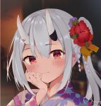  1girl bangs blurry blurry_background blush closed_mouth commentary_request depth_of_field floral_print flower grey_hair grey_kimono hair_between_eyes hair_flower hair_ornament hand_up highres hololive horns japanese_clothes kimono long_hair looking_at_viewer mangmao nakiri_ayame oni oni_horns print_kimono red_eyes red_flower side_ponytail signature smile solo upper_body virtual_youtuber 