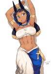  1girl abs anbs-02_(zenonzard) animal_ears animal_nose ankh armlet armpits arms_up asymmetrical_clothes black_hair blush bracelet breasts covered_nipples dark-skinned_female dark_skin dated egyptian egyptian_clothes facial_tattoo gold_choker gorget jackal_ears jewelry large_breasts lowleg lowleg_pants lying midriff on_back pants short_hair snout solo strapless tattoo tsukudani_(coke-buta) tube_top veil white_tube_top zenonzard 