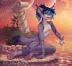  2022 4_toes 5_fingers anthro blue_eyes blue_hair day detailed_background digital_media_(artwork) eyebrows eyelashes feet felid feline fingers hair imanika looking_at_viewer lynx male mammal nude open_mouth outside smile solo teeth toes tongue 
