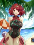  1girl ass_visible_through_thighs bangs black_swimsuit breasts chest_jewel competition_swimsuit covered_collarbone covered_navel fgsketch gem headpiece highres large_breasts one-piece_swimsuit pyra_(pro_swimmer)_(xenoblade) pyra_(xenoblade) red_eyes red_hair red_swimsuit ribbed_swimsuit short_hair solo strapless strapless_swimsuit striped striped_swimsuit swept_bangs swimsuit tiara two-tone_swimsuit vertical-striped_swimsuit vertical_stripes xenoblade_chronicles_(series) xenoblade_chronicles_2 