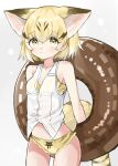  1girl :&lt; animal_ear_fluff animal_ears bangs bare_arms bare_shoulders bikini bikini_under_clothes black_hair blonde_hair blush cat_ears cat_girl cat_tail closed_mouth commentary_request cowboy_shot extra_ears grey_background hair_between_eyes highres innertube kemono_friends megumi_222 multicolored_hair sand_cat_(kemono_friends) shirt sleeveless sleeveless_shirt solo standing swimsuit tail two-tone_hair white_shirt yellow_bikini yellow_eyes 