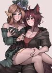  2girls absurdres ahoge animal_ears artist_name au_ra avatar_(ff14) blush breasts brown_hair choker cleavage commentary commission crossed_legs dress facial_mark final_fantasy final_fantasy_xiv flower fox_ears fox_girl fox_tail freckles grey_background groping hair_between_eyes hat hat_flower heart heterochromia highres hood hood_down jacket jewelry large_breasts looking_at_another looking_at_viewer multicolored_hair multiple_girls open_clothes open_jacket orange_eyes pants red_hair ring roadi3 short_hair simple_background sitting sitting_on_lap sitting_on_person smile streaked_hair sweat tail twitter_username two-tone_hair watermark yellow_eyes yuri zipper 
