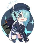  1girl backpack bag bangs black_background black_headwear black_jacket blue_archive blue_eyes blue_hair cabbie_hat chibi commentary_request gun hair_ornament hair_over_one_eye hairclip hat highres hiyori_(blue_archive) holding holding_gun holding_weapon jacket long_hair long_sleeves looking_away nyaru_(nyaru_4126) open_mouth pleated_skirt rifle side_ponytail skirt sleeves_past_wrists smoke smoking_gun sniper_rifle sniper_scope solo sparkle sweat two-tone_background wavy_mouth weapon white_background white_skirt wide_sleeves 