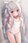 1girl animal_ear_fluff animal_ears bell blush breasts cat_ears cat_girl choker covered_navel grey_hair hair_ornament hairclip highres jingle_bell kata_rosu long_hair one-piece_swimsuit original red_eyes shower_head showering small_breasts solo swimsuit thighs tile_wall tiles two_side_up white_swimsuit 