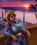  2022 80&#039;s_theme absurd_res alvia anthro beach big_breasts blonde_hair breasts brown_body brown_fur car clothed clothing digital_media_(artwork) domestic_cat felid feline felis female fur hair hi_res looking_at_viewer mammal matheusps555 outside pink_eyes plant seaside sky solo sunset vehicle 