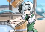  1girl bangs black_hairband blue_eyes blurry blurry_background closed_mouth cutting ghost green_vest grey_hair hairband highres holding holding_sword holding_weapon konpaku_youmu konpaku_youmu_(ghost) looking_at_viewer ramiki shirt short_hair short_sleeves smile solo sword touhou upper_body vest weapon white_shirt 