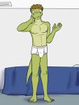  alligator alligatorid anthro bed briefs bulge clothed clothing crocodilian embarrassed full-length_portrait furniture fuze gabriel_(fuze) hi_res male navel nipples portrait reptile scalie solo tighty_whities topless underwear underwear_only white_clothing white_underwear 