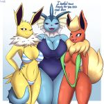  2022 absurd_res an-tonio anthro big_breasts bikini black_sclera blue_body blush breast_size_difference breast_squish breasts clothed clothing cute_fangs dialogue digital_media_(artwork) eeveelution english_text female flareon fur group hand_behind_back hand_on_hip hi_res huge_breasts jolteon looking_at_viewer navel neck_tuft nintendo one-piece_swimsuit open_mouth orange_body pattern_bikini pattern_clothing pattern_swimwear pok&eacute;mon pok&eacute;mon_(species) purple_sclera simple_background skimpy sling_bikini squish string_bikini striped_bikini striped_clothing striped_swimwear stripes swimwear talking_to_viewer text trio tuft vaporeon video_games yellow_body yellow_fur 