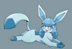  2021 ambiguous_gender blue_body blue_eyes blue_fur blush blush_lines dipstick_paws dipstick_tail eeveelution feral fluffy fur glaceon gloves_(marking) hi_res kemono looking_away lying markings nintendo on_front open_mouth park_horang pok&eacute;mon pok&eacute;mon_(species) simple_background solo tail_markings teal_background video_games 
