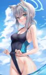  1girl animal_ear_fluff animal_ears bangs bare_shoulders bird blue_archive blue_eyes blue_sky blue_swimsuit blush breasts bright_pupils cleavage clothes_pull cloud cloudy_sky collarbone competition_swimsuit contrail cowboy_shot cross_hair_ornament day extra_ears grey_hair hair_ornament halo highleg highleg_swimsuit highres horizon looking_at_viewer marisasu_(marisa0904) medium_breasts medium_hair mismatched_pupils nail_polish ocean one-piece_swimsuit outdoors pulled_by_self seagull shiroko_(blue_archive) shiroko_(swimsuit)_(blue_archive) sky solo swimsuit swimsuit_pull wading water wet white_pupils 