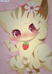  2022 absurd_res accessory anthro bed bedding bedding_background blush bodily_fluids clovergame0 convenient_censorship domestic_cat felid feline felis female flower flower_in_hair food fruit fur furniture hair hair_accessory hi_res jewelpet jewelry lying mammal necklace on_back on_bed pink_eyes plant sango_(jewelpet) sanrio signature solo strawberry striped_body striped_fur stripes sweat tabby_cat tail_censorship yellow_body yellow_fur 