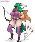  anthro archer arrow arrow_(weapon) avian beak belt big_breasts bird bow_(weapon) breasts brown_body brown_eyes claws clothed clothing cosplay crossover crossover_cosplay curvy_figure decidueye feathers female genitals girlsay green_body hand_on_hip hawkeye hawkeye_(marvel) hi_res hood huge_breasts jumpsuit looking_at_viewer marvel nintendo pok&eacute;mon pok&eacute;mon_(species) pok&eacute;morph purple_clothing pussy ranged_weapon simple_background skimpy solo standing talons the_avengers thick_thighs video_games weapon white_background white_body wings 