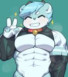  abs anthro bell berseepon09 biceps big_biceps big_muscles big_pecs clothing collar eyes_closed green_background handwear horn male muscular muscular_anthro muscular_male pecs shota_deer_(berseepon09) simple_background smile solo standing tagme teeth vein waist_up 