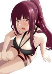  1girl aizawa_u-ji bangs bare_shoulders black_swimsuit blush breasts cleavage collarbone eyes_visible_through_hair feet_out_of_frame girls&#039;_frontline hair_ribbon hand_on_floor hand_on_own_knee highres long_hair looking_at_viewer medium_breasts official_alternate_costume on_floor open_mouth ponytail purple_hair red_eyes ribbon solo swimsuit wa2000_(girls&#039;_frontline) wa2000_(op._manta_ray)_(girls&#039;_frontline) white_background 