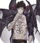  1boy abs arm_tattoo belial_(granblue_fantasy) black_hair black_jacket chest_tattoo granblue_fantasy hashibiro_kou_(garapiko_p) highres horns jacket looking_down male_focus mismatched_sclera navel open_clothes open_jacket popped_collar red_eyes short_hair smile solo tattoo teeth upper_body very_short_hair wings 