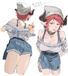  1girl apron bare_shoulders beanie blue_shorts breasts cleavage collar cropped_legs earrings granblue_fantasy hashibiro_kou_(garapiko_p) hat highres holding holding_tray horns jewelry large_breasts looking_at_viewer multiple_views off-shoulder_shirt off_shoulder open_mouth pointy_ears red_eyes red_hair shirt short_hair shorts sidelocks simple_background single_earring sturm_(granblue_fantasy) translation_request tray v-shaped_eyebrows waist_apron white_background white_headwear white_shirt 