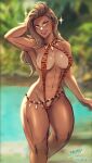  1girl animal_print aqua_eyes arm_behind_head arm_up artist_name asymmetrical_hair blurry blurry_background breasts cleavage commentary day english_commentary fang highres iahfy large_breasts light_brown_hair long_hair looking_at_viewer navel outdoors pokemon pokemon_(game) pokemon_sv print_swimsuit sada_(pokemon) slingshot_swimsuit solo sparkle sweat swimsuit tiger_print tongue tongue_out 