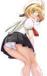  1girl antenna_hair ass bangs bare_legs black_skirt blonde_hair blush cardcaptor_sakura crotch_seam from_behind green_eyes hair_intakes hand_on_own_thigh hat head_tilt highres kinomoto_sakura kneepits knees_together_feet_apart leaning_forward looking_at_viewer mibushiro nervous_smile panties pleated_skirt puffy_short_sleeves puffy_sleeves sailor_hat school_uniform serafuku short_hair short_sleeves simple_background skirt solo standing underwear white_headwear white_panties white_serafuku 