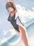  1girl artist_request beach braid breasts glasses hanekawa_tsubasa highres looking_at_viewer monogatari_(series) one-piece_swimsuit sky stretch swimsuit wet 