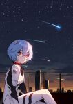  1girl absurdres ayanami_rei blue_hair bodysuit city highres neon_genesis_evangelion plugsuit red_eyes renopang shooting_star sky solo star_(sky) starry_sky 