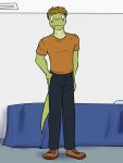  alligator alligatorid anthro bed bottomwear clothed clothing crocodilian footwear full-length_portrait fully_clothed furniture fuze gabriel_(fuze) hi_res male pants portrait reptile scalie shirt shoes solo t-shirt topwear 