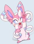  2021 blue_eyes blush blush_lines cute_fangs dipstick_paws eeveelution feral gloves_(marking) hi_res high-angle_view looking_at_viewer markings nintendo open_mouth park_horang pawpads paws pink_ears pink_pawpads pok&eacute;mon pok&eacute;mon_(species) raised_paw ribbons sylveon video_games white_body 