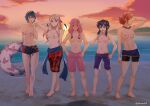  5girls abs arm_behind_back armpits atramada beach blue_hair blush breasts commission contrapposto english_commentary fire_emblem food grey_hair groin hair_between_eyes hand_in_own_hair hand_on_hip hands_on_hips highres innertube leonie_pinelli lucina_(fire_emblem) medium_breasts micaiah_(fire_emblem) mitama_(fire_emblem) multiple_girls navel nipples pink_hair popsicle sand short_hair small_breasts smile sunset topless water 