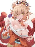  1girl bare_shoulders blonde_hair breasts chest_sarashi chest_tattoo collarbone commentary_request fingernails genshin_impact hair_between_eyes highres japanese_clothes kimono large_breasts looking_at_viewer open_mouth orange_kimono pouch rope sarashi shimenawa short_hair simple_background solo tattoo upper_body waterring white_background yellow_eyes yoimiya_(genshin_impact) 