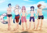  5girls abs arm_behind_back armpits atramada beach blue_hair blush breasts commission contrapposto english_commentary fire_emblem food grey_hair groin hair_between_eyes hand_in_own_hair hand_on_hip hands_on_hips highres innertube leonie_pinelli lucina_(fire_emblem) medium_breasts micaiah_(fire_emblem) mitama_(fire_emblem) multiple_girls navel nipples pink_hair popsicle sand short_hair small_breasts smile topless water 