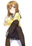  1girl :t bangs black_legwear blush bow brown_footwear brown_hair cardigan closed_mouth commentary eyebrows_behind_hair food food_wrapper grey_sailor_collar grey_skirt highres hino_minato_(spec.c) holding holding_food knees_up kunikida_hanamaru loafers looking_at_viewer love_live! love_live!_sunshine!! medium_hair miniskirt orange_bow panties panties_under_pantyhose pantyhose pantyshot pleated_skirt pout sailor_collar school_uniform shoes simple_background sitting skirt solo tareme tights_day underwear uranohoshi_school_uniform v-shaped_eyebrows white_background winter_uniform yellow_cardigan yellow_eyes 