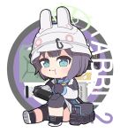  1girl :t animal_ears animal_helmet bangs black_footwear black_gloves black_hair blue_archive blue_eyes blue_shirt blush breasts chibi chopsticks claymore_(mine) closed_mouth eating english_text explosive fake_animal_ears food food_on_face full_body gas_can gloves grey_headwear halo helmet holding holding_chopsticks knee_pads knee_up long_sleeves medium_breasts mine_(weapon) nyaru_(nyaru_4126) puffy_long_sleeves puffy_sleeves saki_(blue_archive) shirt shoes sitting skirt solo wavy_mouth white_skirt 