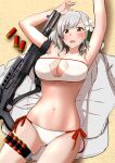  1girl absurdres aizawa_u-ji bangs beach bikini blush breasts cleavage collarbone feet_out_of_frame flower from_above girls&#039;_frontline grey_hair gun hair_flower hair_ornament hair_ribbon hand_up highres large_breasts looking_at_viewer lying medium_hair navel official_alternate_costume on_back open_mouth red_eyes ribbon sand shell_casing shotgun solo spas-12 spas-12_(girls&#039;_frontline) spas-12_(midsummer_fruit)_(girls&#039;_frontline) swimsuit weapon white_bikini white_swimsuit 