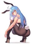  1girl absurdres ahoge animal_ears ass blue_hair from_behind hand_on_own_knee high_heels highres hololive long_hair pantyhose playboy_bunny pointy_ears rabbit_ears rabbit_tail ruri_(rurisuisen) sitting tail yellow_eyes yukihana_lamy 