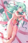  1girl bangs bed_sheet blush bound bound_wrists bouquet breasts finana_ryugu fish_girl flower green_hair head_fins highres long_hair naked_ribbon nijisanji nijisanji_en nude pink_ribbon purple_eyes red_flower ribbon small_breasts solo ustn_(usatan) virtual_youtuber 