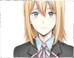  1girl black_jacket blonde_hair blue_eyes character_request copyright_request hair_between_eyes jacket looking_at_viewer medium_hair napata neck_ribbon ribbon school_uniform shirt solo unfinished upper_body user_interface white_background white_shirt 